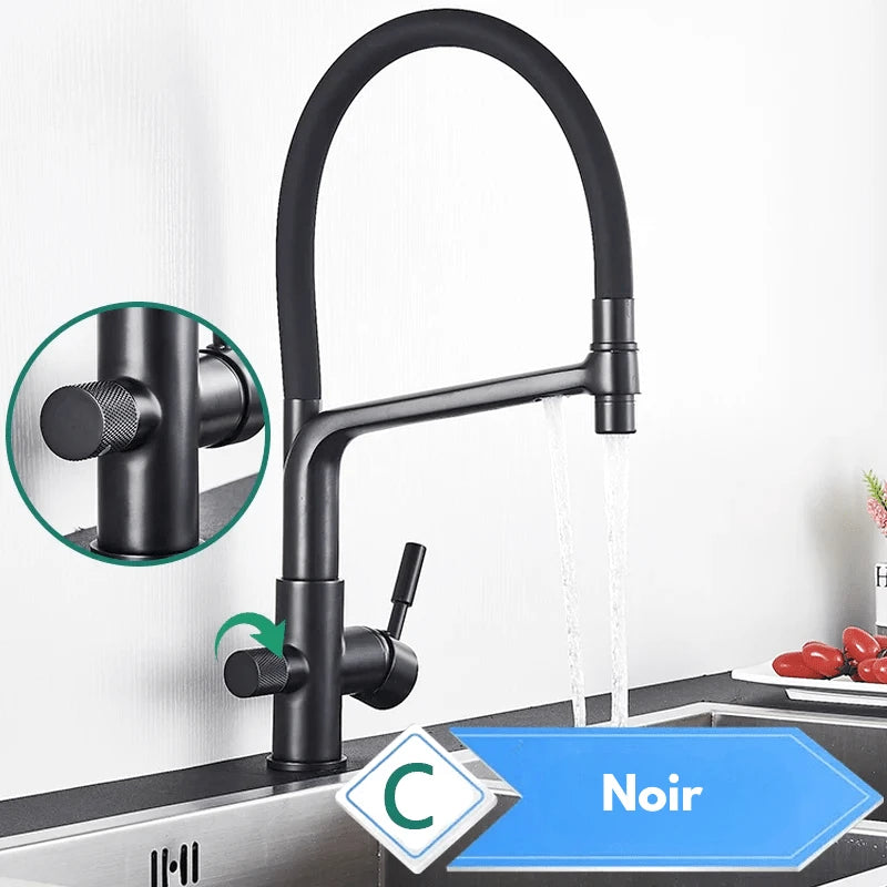 Robinet mitigeur de cuisine noir 3 voies avec eau filtrée – double commande et bec rotatif 360° - Focett