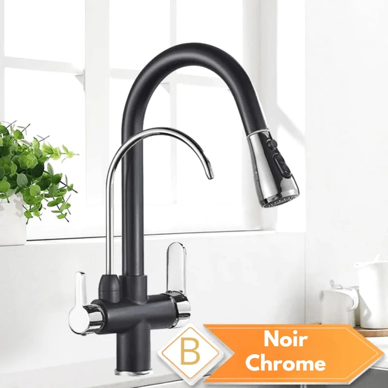Robinet mitigeur de cuisine noir 3 voies avec eau filtrée – double commande et bec rotatif 360° - Focett