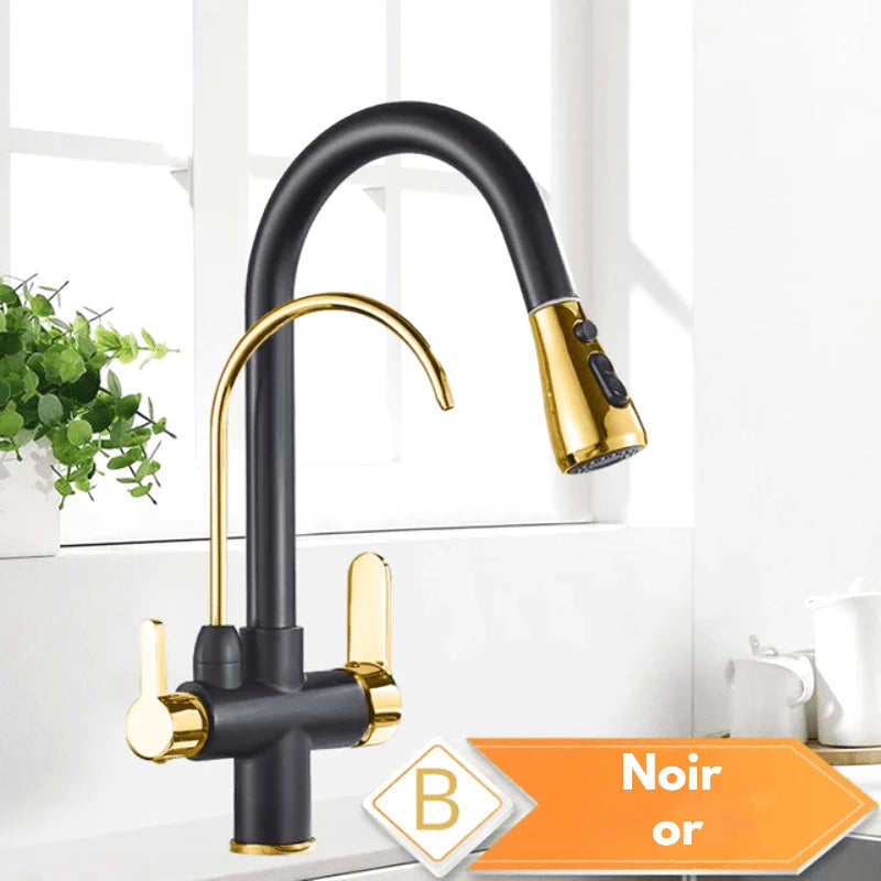 Robinet mitigeur de cuisine noir 3 voies avec eau filtrée – double commande et bec rotatif 360° - Focett