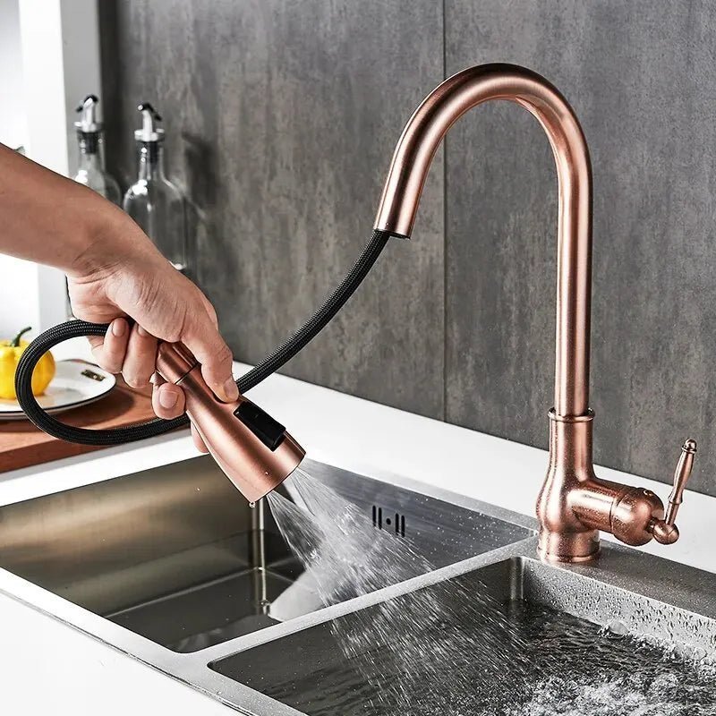 Robinet mitigeur de cuisine à bec flexible en laiton antique – douchette extractible, rotation 360° et poignée latérale - Focett