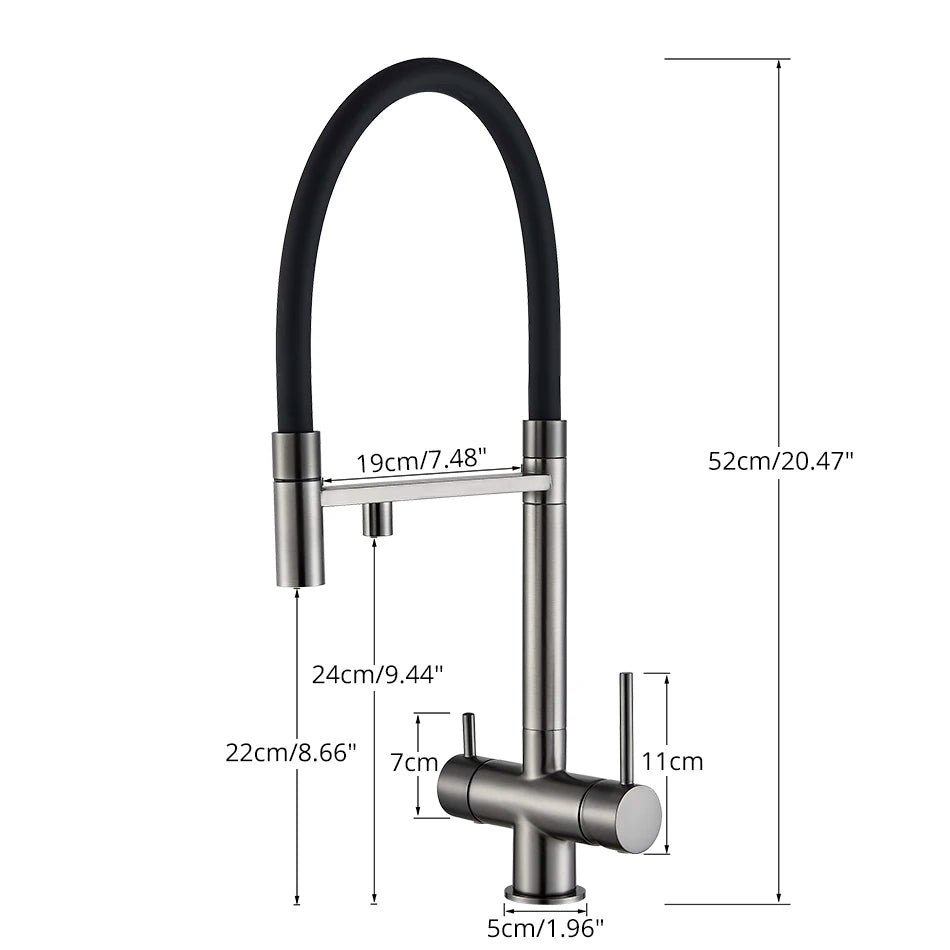 Robinet mitigeur de cuisine gris mat double bec avec eau filtrée – laiton massif, contrôle séparé et rotation 360° - Focett
