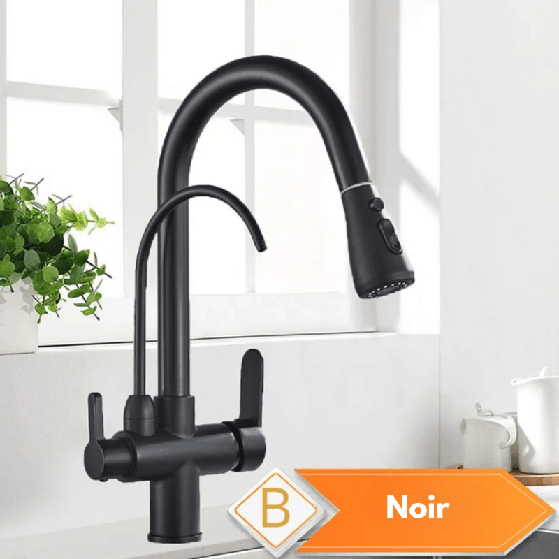 Robinet mitigeur de cuisine noir 3 voies avec eau filtrée – double commande et bec rotatif 360° - Focett