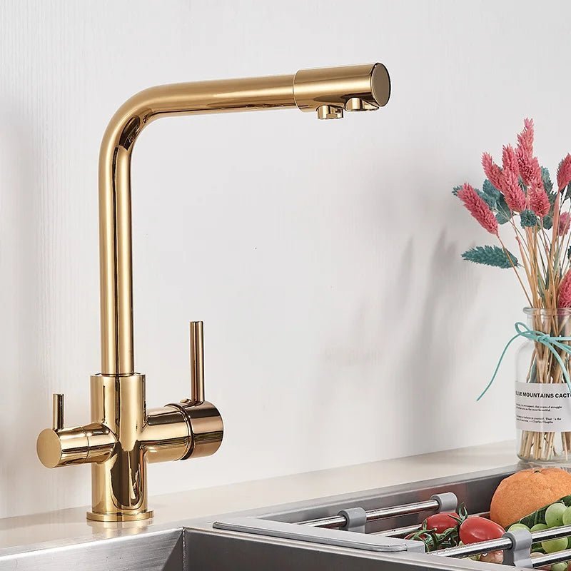 Robinet mitigeur de cuisine noir double sortie avec eau filtrée – laiton massif, rotation 360° et finition chrome poli - Focett