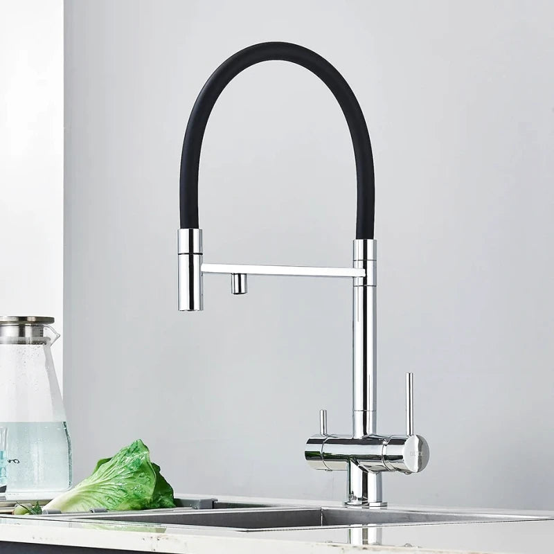 Robinet mitigeur de cuisine gris mat double bec avec eau filtrée – laiton massif, contrôle séparé et rotation 360° - Focett