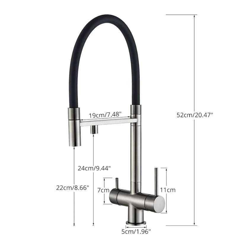Robinet mitigeur de cuisine gris mat double bec avec eau filtrée – laiton massif, contrôle séparé et rotation 360° - Focett