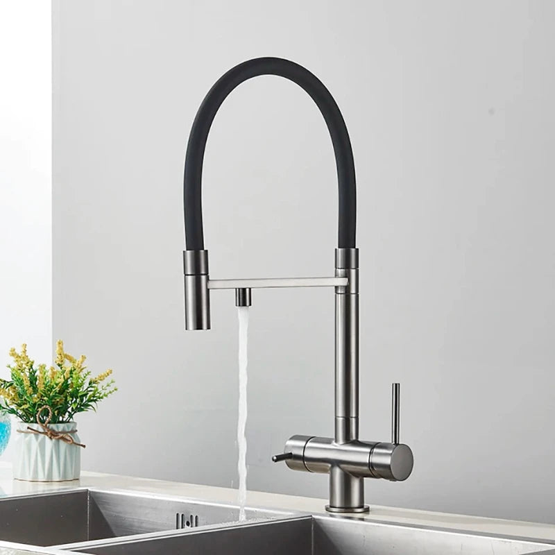 Mitigeur de cuisine gris mat double bec avec eau filtrée – laiton massif, contrôle séparé et rotation 360° - Focett