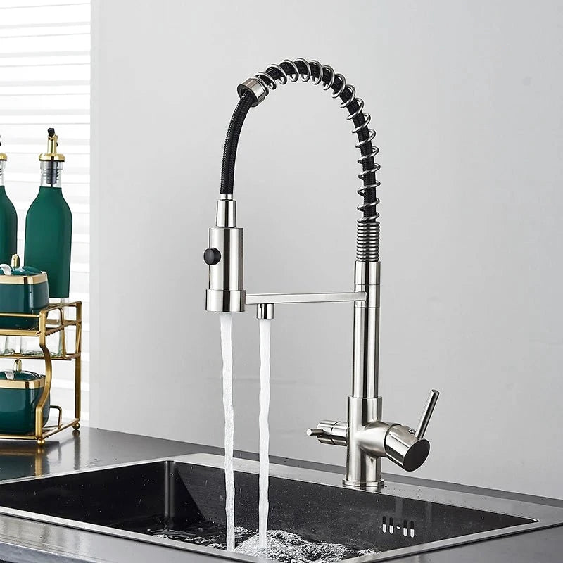 Robinet mitigeur de cuisine gris mat double bec avec eau filtrée – laiton massif, contrôle séparé et rotation 360° - Focett