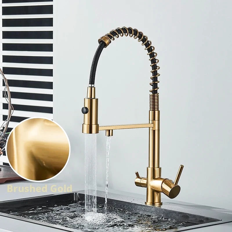 Robinet mitigeur de cuisine gris mat double bec avec eau filtrée – laiton massif, contrôle séparé et rotation 360° - Focett