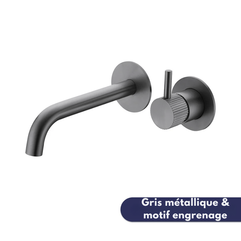 Robinet mural encastrable gris métallique pour salle de bain – design en laiton massif avec poignée moletée ou engrenage - Focett