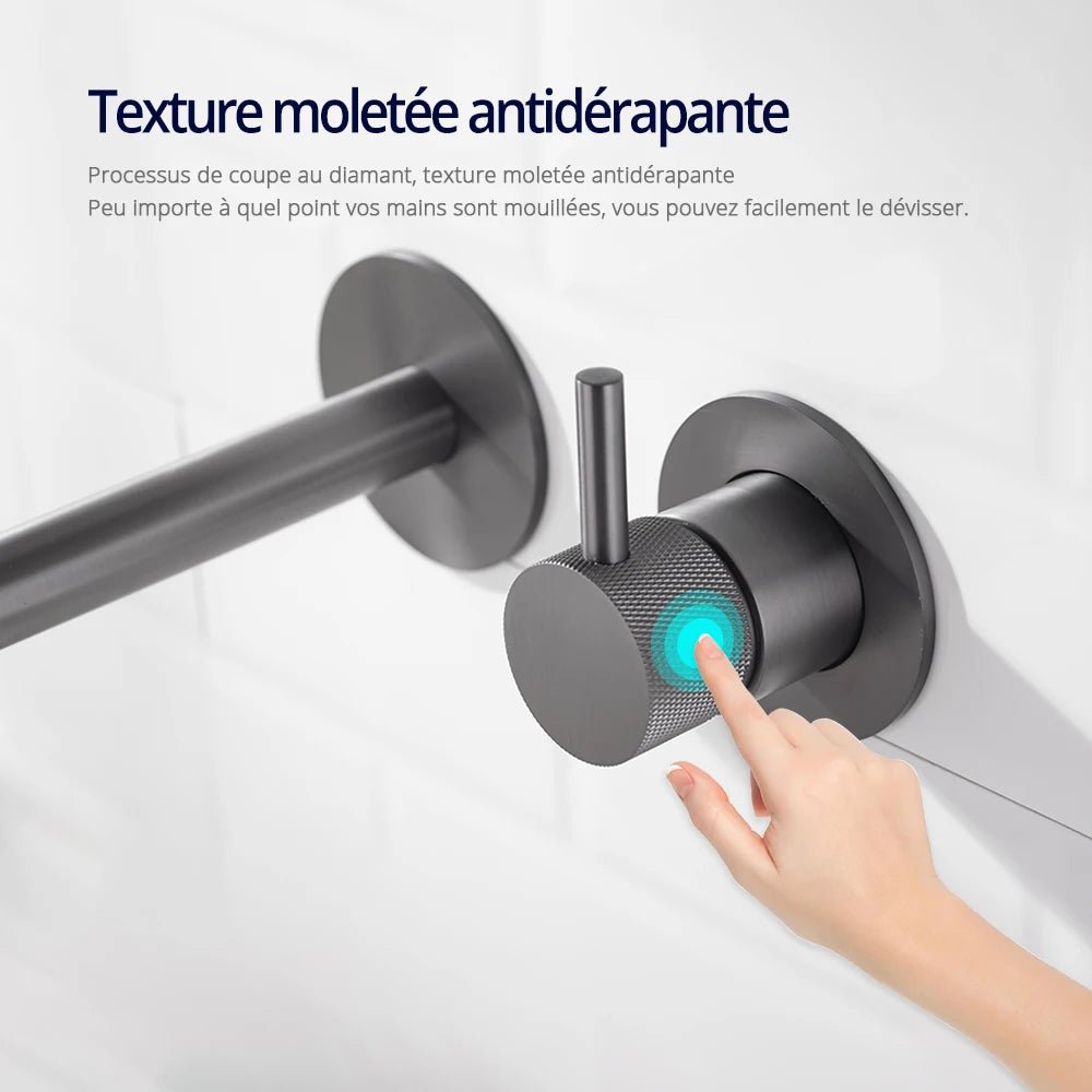 Robinet mural encastrable gris métallique pour salle de bain – design en laiton massif avec poignée moletée ou engrenage - Focett
