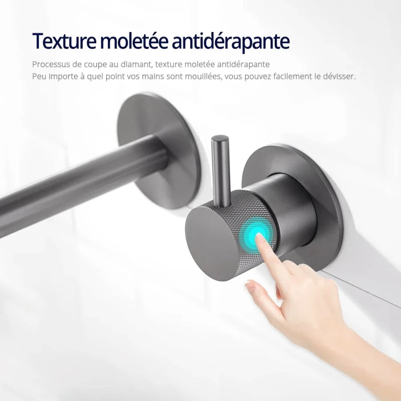 Robinet mural encastrable gris métallique pour salle de bain – design en laiton massif avec poignée moletée ou engrenage - Focett