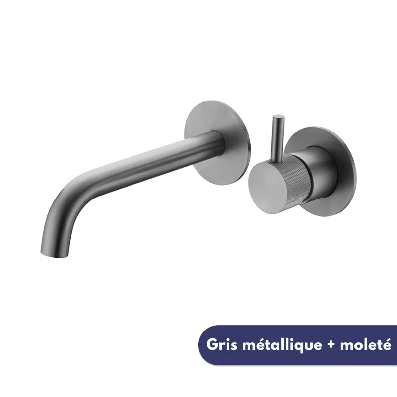 Robinet mural encastrable gris métallique pour salle de bain – design en laiton massif avec poignée moletée ou engrenage - Focett