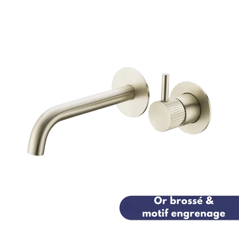 Robinet mural encastrable gris métallique pour salle de bain – design en laiton massif avec poignée moletée ou engrenage - Focett