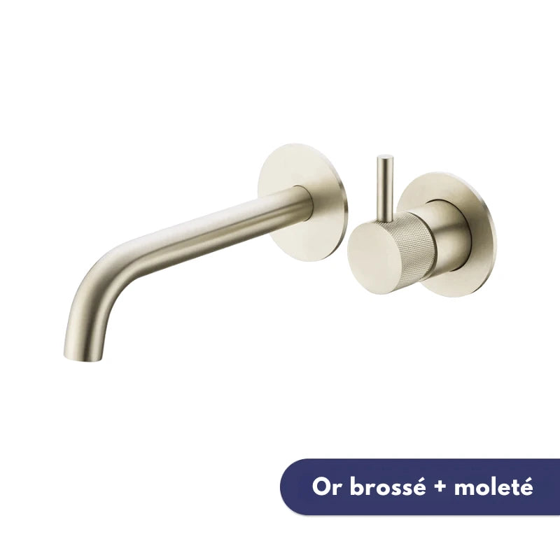Robinet mural encastrable gris métallique pour salle de bain – design en laiton massif avec poignée moletée ou engrenage - Focett