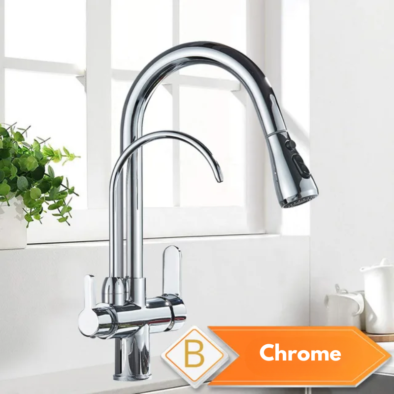 Mitigeur de cuisine noir 3 voies avec eau filtrée – double commande et bec rotatif 360°