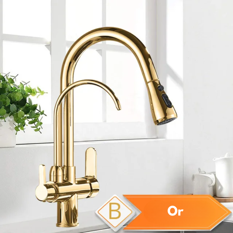 Mitigeur de cuisine noir 3 voies avec eau filtrée – double commande et bec rotatif 360°