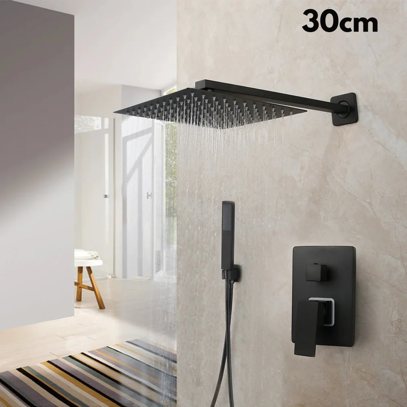 Colonne de Douche Encastrable Noir Mat – Ciel de douche Pluie 25cm-40cm” & Robinet Cascade en Laiton avec Mélangeur Douche/Bain et Pommeau Carré Pluie