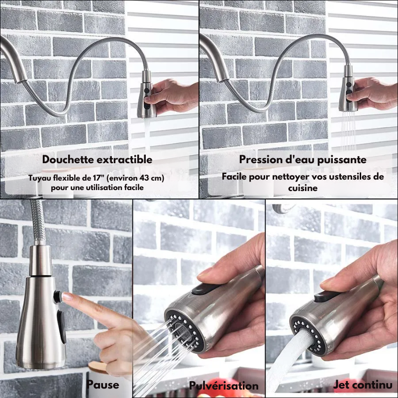 Mitigeur de cuisine noir 3 voies avec eau filtrée – double commande et bec rotatif 360°