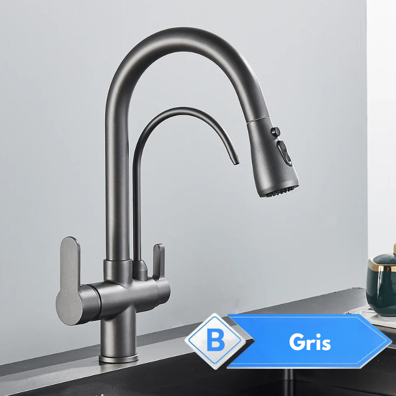 Mitigeur de cuisine noir 3 voies avec eau filtrée – double commande et bec rotatif 360°