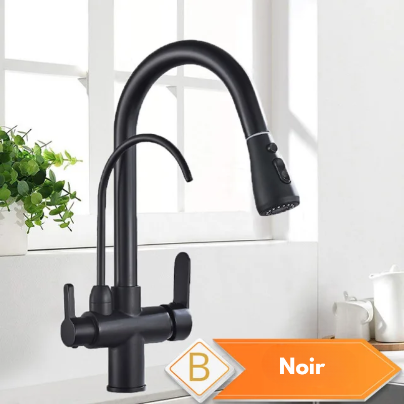 Mitigeur de cuisine noir 3 voies avec eau filtrée – double commande et bec rotatif 360°