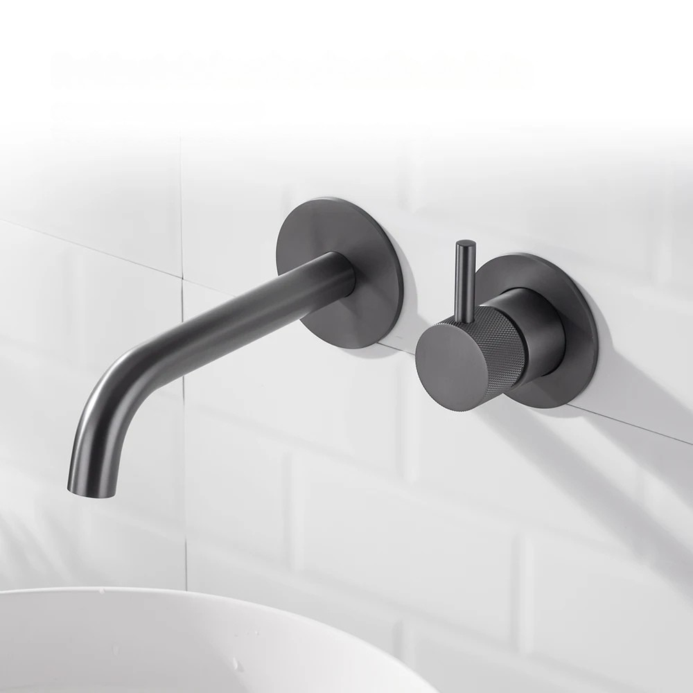 Robinet mural encastrable gris métallique pour salle de bain – design en laiton massif avec poignée moletée ou engrenage
