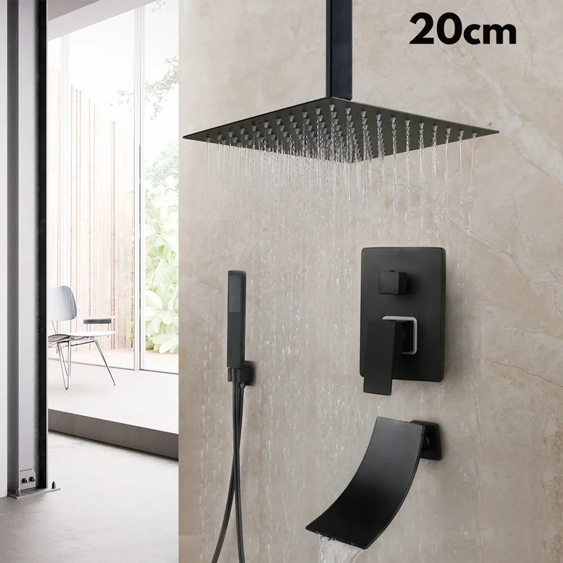 Colonne de Douche Encastrable Noir Mat – Ciel de douche Pluie 25cm-40cm” & Robinet Cascade en Laiton avec Mélangeur Douche/Bain et Pommeau Carré Pluie