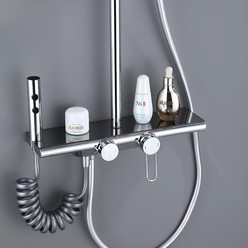 Colonne de Douche Thermostatique Chrome Gris 4 Fonctions – Mitigeur Thermostatique & Douche Pluie XXL, Bec Cascade & Douchette 3 Jets