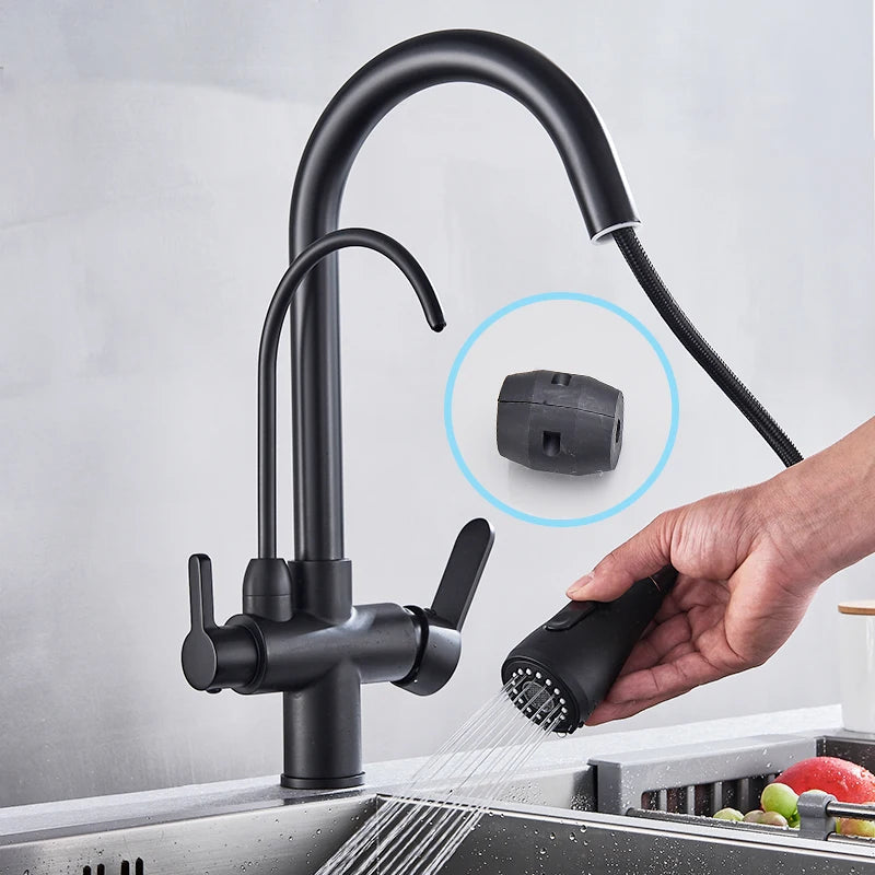 Mitigeur de cuisine noir 3 voies avec eau filtrée – double commande et bec rotatif 360°