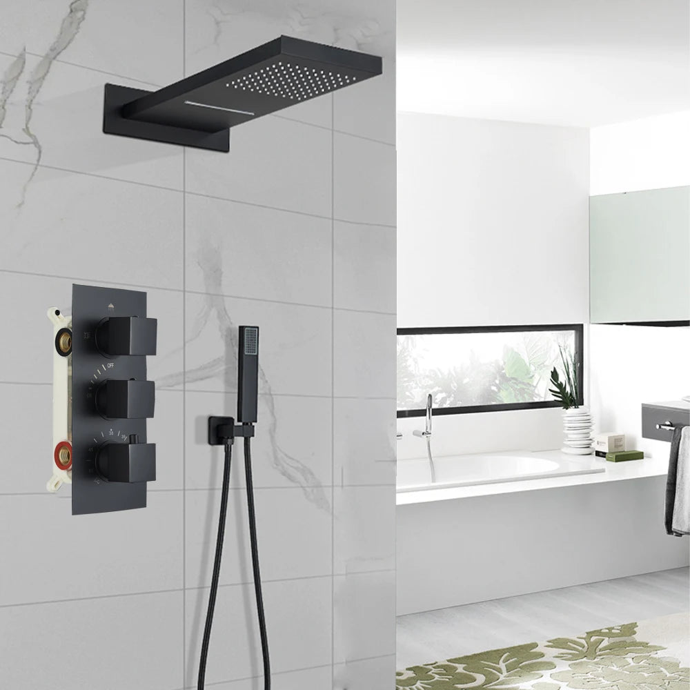 Colonne de douche encastrable noir – design intégré & mitigeur thermostatique