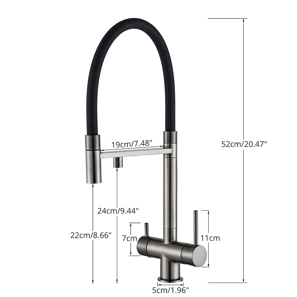 Mitigeur de cuisine gris mat double bec avec eau filtrée – laiton massif, contrôle séparé et rotation 360°