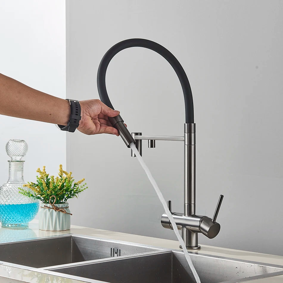 Mitigeur de cuisine gris mat double bec avec eau filtrée – laiton massif, contrôle séparé et rotation 360°