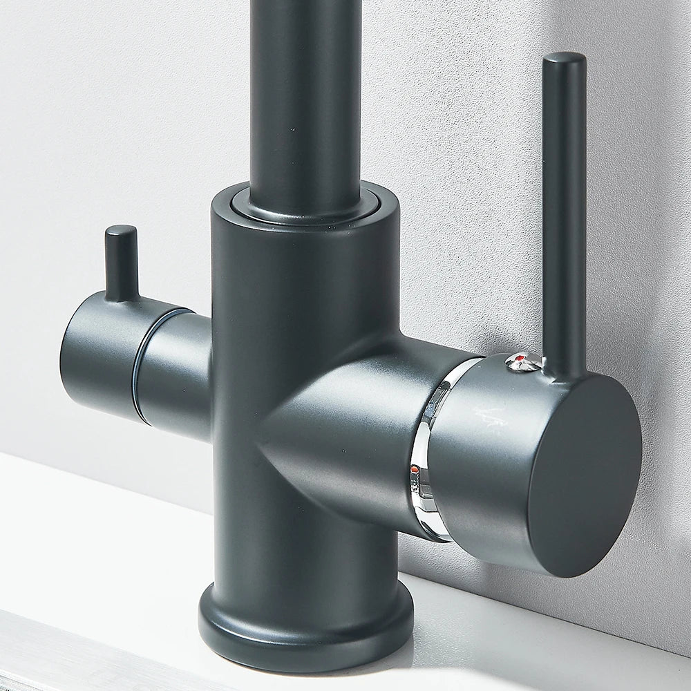 Mitigeur de cuisine noir double sortie avec eau filtrée – laiton massif, rotation 360° et finition chrome poli