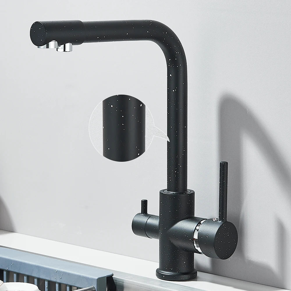 Mitigeur de cuisine noir double sortie avec eau filtrée – laiton massif, rotation 360° et finition chrome poli