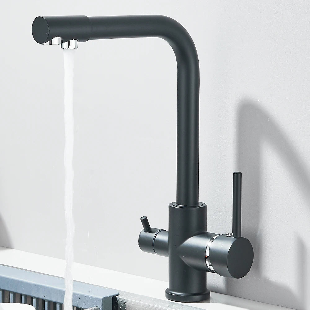 Mitigeur de cuisine noir double sortie avec eau filtrée – laiton massif, rotation 360° et finition chrome poli