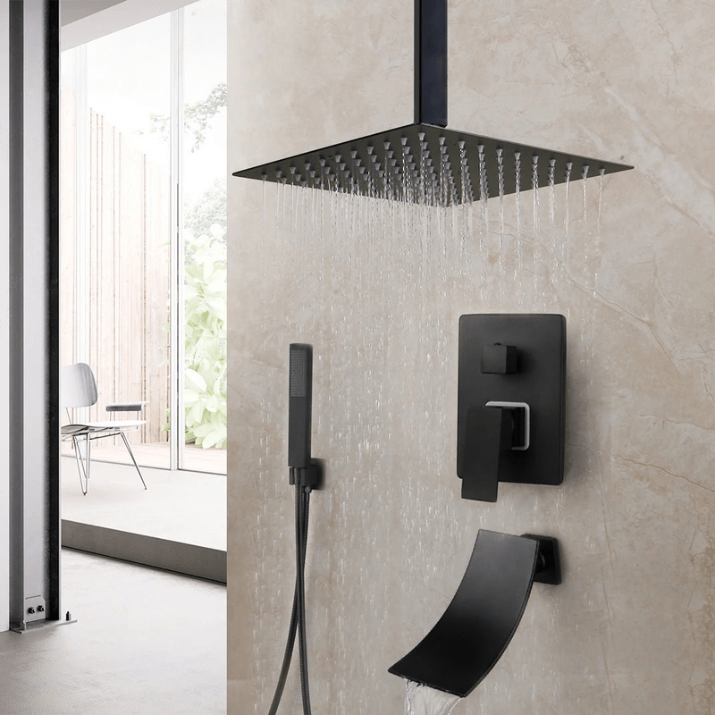 Colonne de Douche Encastrable Noir Mat – Ciel de douche Pluie 25cm-40cm” & Robinet Cascade en Laiton avec Mélangeur Douche/Bain et Pommeau Carré Pluie