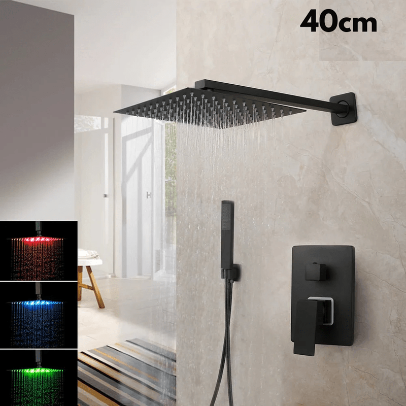 Colonne de Douche Encastrable Noir Mat – Ciel de douche Pluie 25cm - 40cm” & Robinet Cascade en Laiton avec Mélangeur Douche/Bain et Pommeau Carré Pluie - Focett