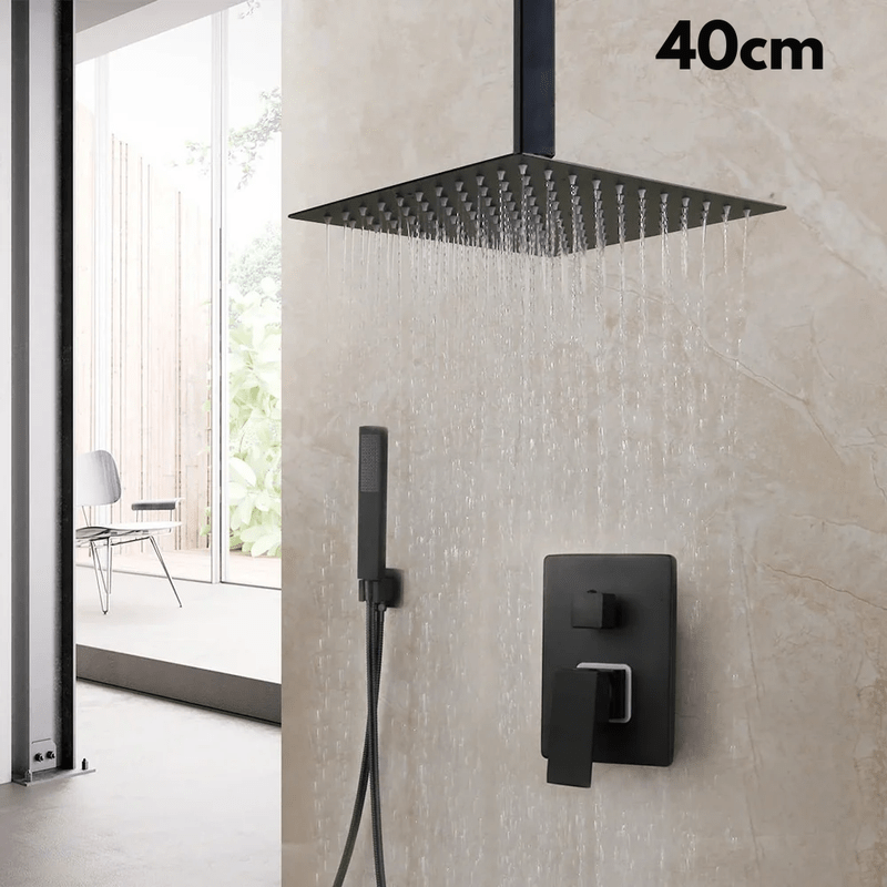 Colonne de Douche Encastrable Noir Mat – Ciel de douche Pluie 25cm - 40cm” & Robinet Cascade en Laiton avec Mélangeur Douche/Bain et Pommeau Carré Pluie - Focett