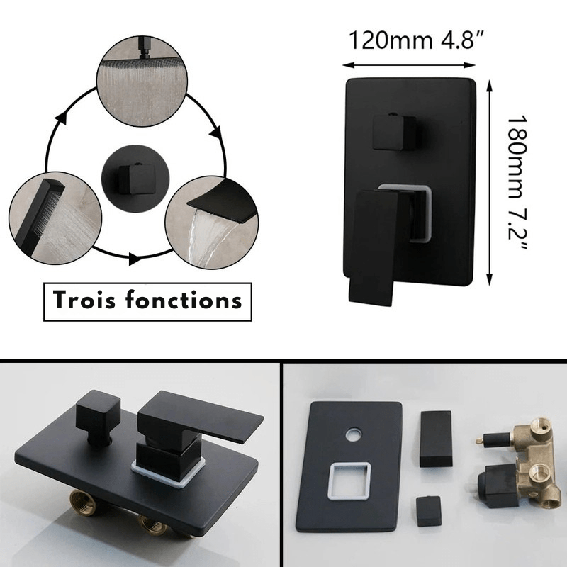 Colonne de Douche Encastrable Noir Mat – Ciel de douche Pluie 25cm - 40cm” & Robinet Cascade en Laiton avec Mélangeur Douche/Bain et Pommeau Carré Pluie - Focett