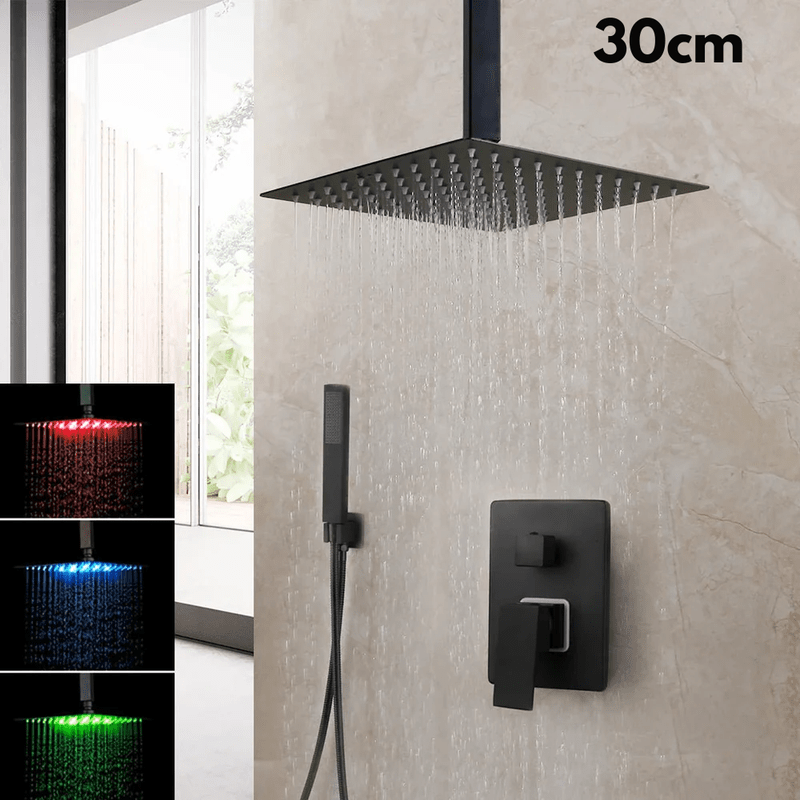 Colonne de Douche Encastrable Noir Mat – Ciel de douche Pluie 25cm - 40cm” & Robinet Cascade en Laiton avec Mélangeur Douche/Bain et Pommeau Carré Pluie - Focett