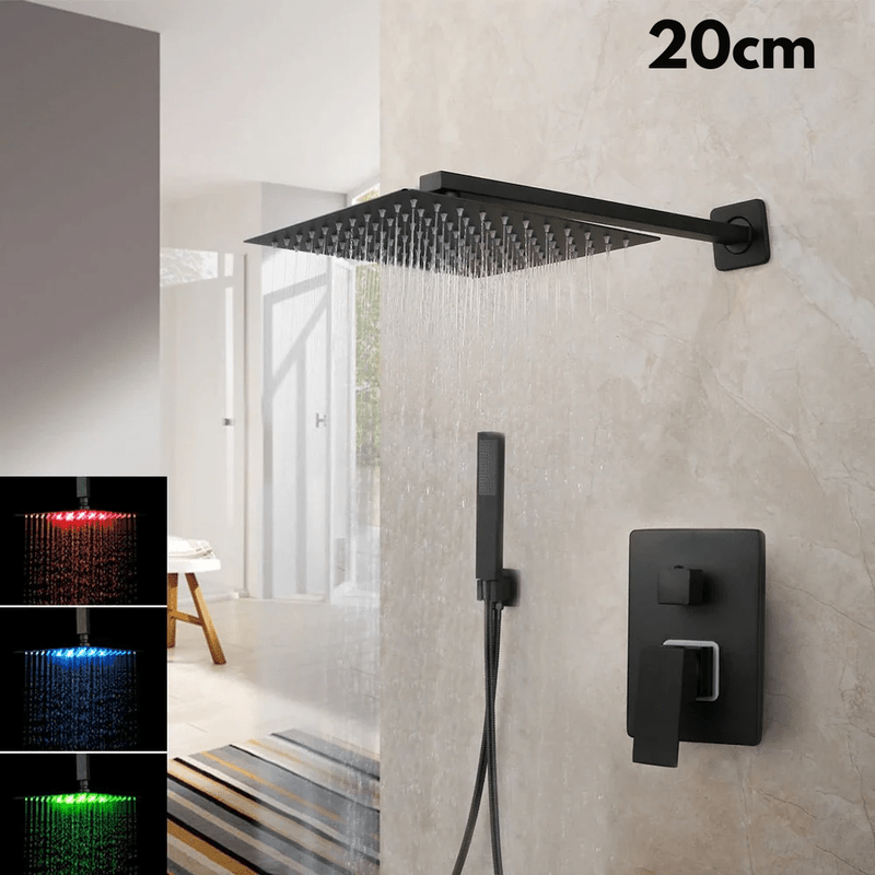 Colonne de Douche Encastrable Noir Mat – Ciel de douche Pluie 25cm - 40cm” & Robinet Cascade en Laiton avec Mélangeur Douche/Bain et Pommeau Carré Pluie - Focett