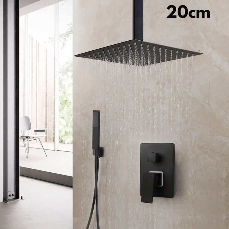 Colonne de Douche Encastrable Noir Mat – Ciel de douche Pluie 25cm - 40cm” & Robinet Cascade en Laiton avec Mélangeur Douche/Bain et Pommeau Carré Pluie - Focett
