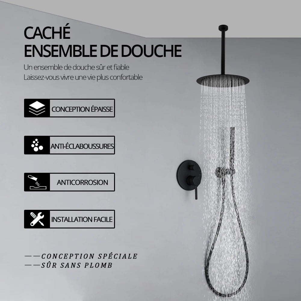 Colonne de douche encastrable plafond noir mat - Focett