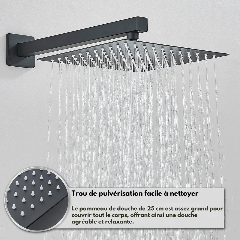 Colonne de Douche Encastrable Noir Mat – Design Moderne avec Ciel De Douche 25-40cm XXL Effet Pluie & Cascade + Robinet Bain