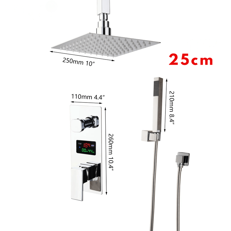 Colonne de Douche Encastrable Gris Chrome – Système 2-en-1 Ciel De Douche & Douchette avec Tête de Douche LED, Affichage Digital et Mélangeur 3 Fonctions