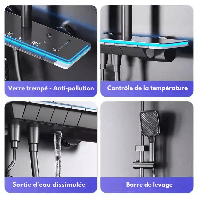 Colonne de Douche Grise – Acier Inoxydable Poli, Hauteur & Inclinaison Ajustables avec Affichage Digital, Boutons Piano et LED