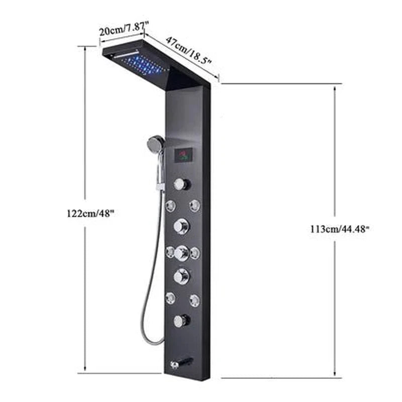 Colonne de Douche Hydromassante Grise – LED Intégrée, Effet Pluie Relaxant & Contrôle Précis et 6 Modes de Mélangeur