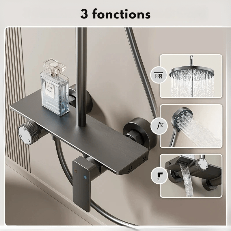 Colonne de douche grise – jet ajustable, douchette 3 modes et barre réglable - Focett
