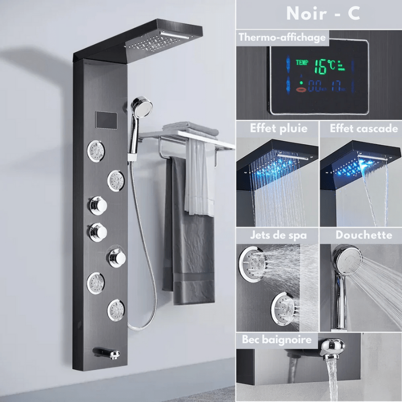 Colonne de douche hydromassante grise en nickel brossé avec LED – jets de massage & écran digital - effet cascade/pluie - Focett