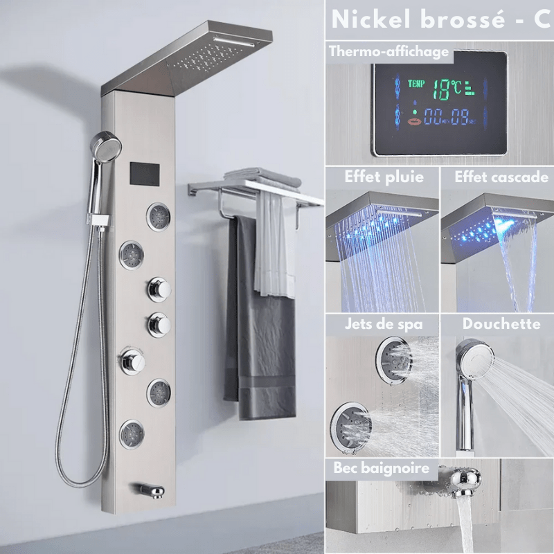 Colonne de douche hydromassante grise en nickel brossé avec LED – jets de massage & écran digital - effet cascade/pluie - Focett