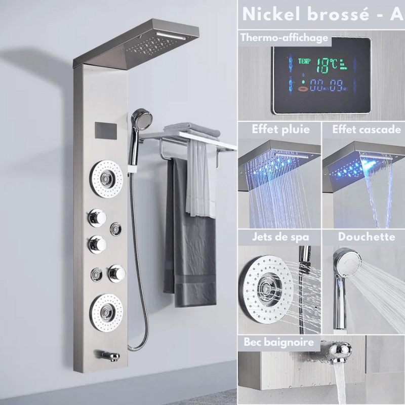 Colonne de douche hydromassante grise en nickel brossé avec LED – jets de massage & écran digital - effet cascade/pluie - Focett